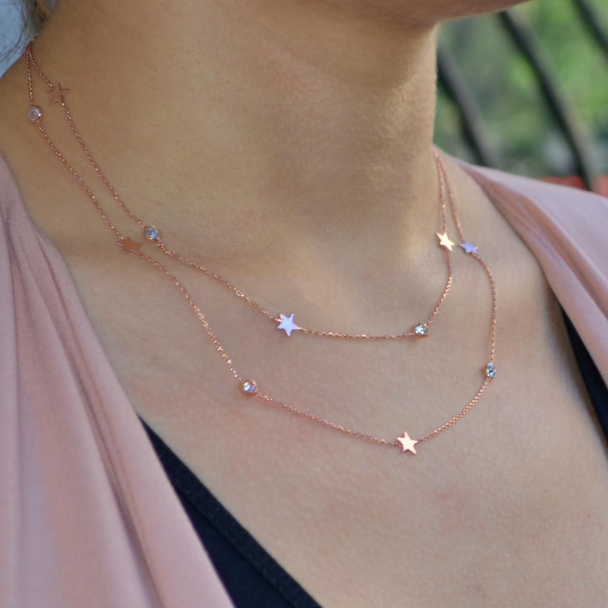 Rose Gold Layered Star Necklace • Long Gold Chain Solitaire Necklace - Trending Silver Gifts