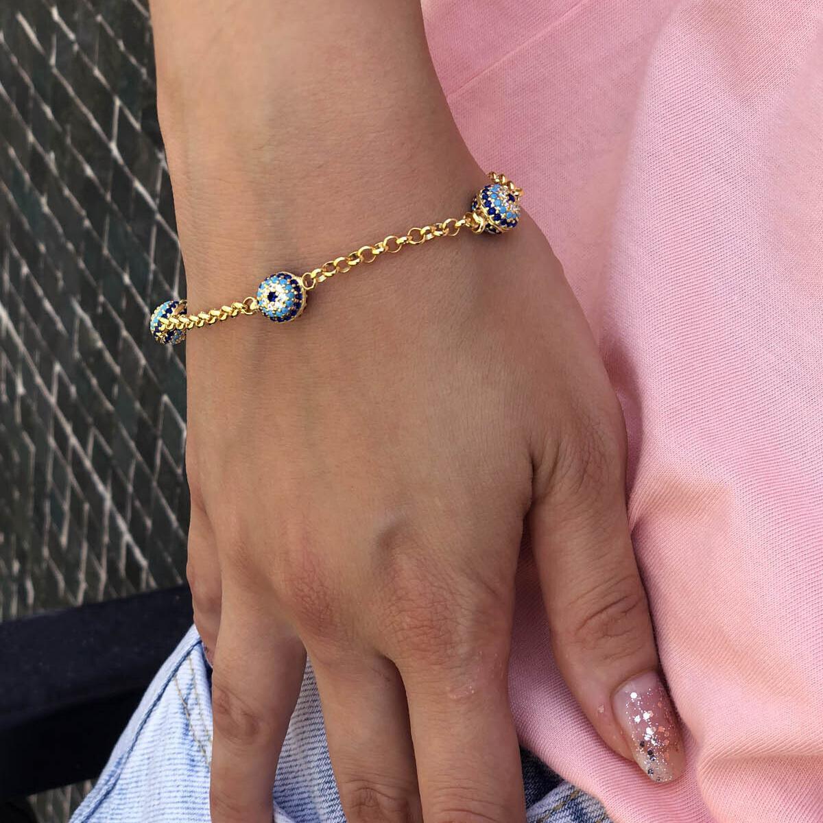 Blue Evil Eye Gold Bracelet • Gold Protection Bracelet From Evil - Trending Silver Gifts