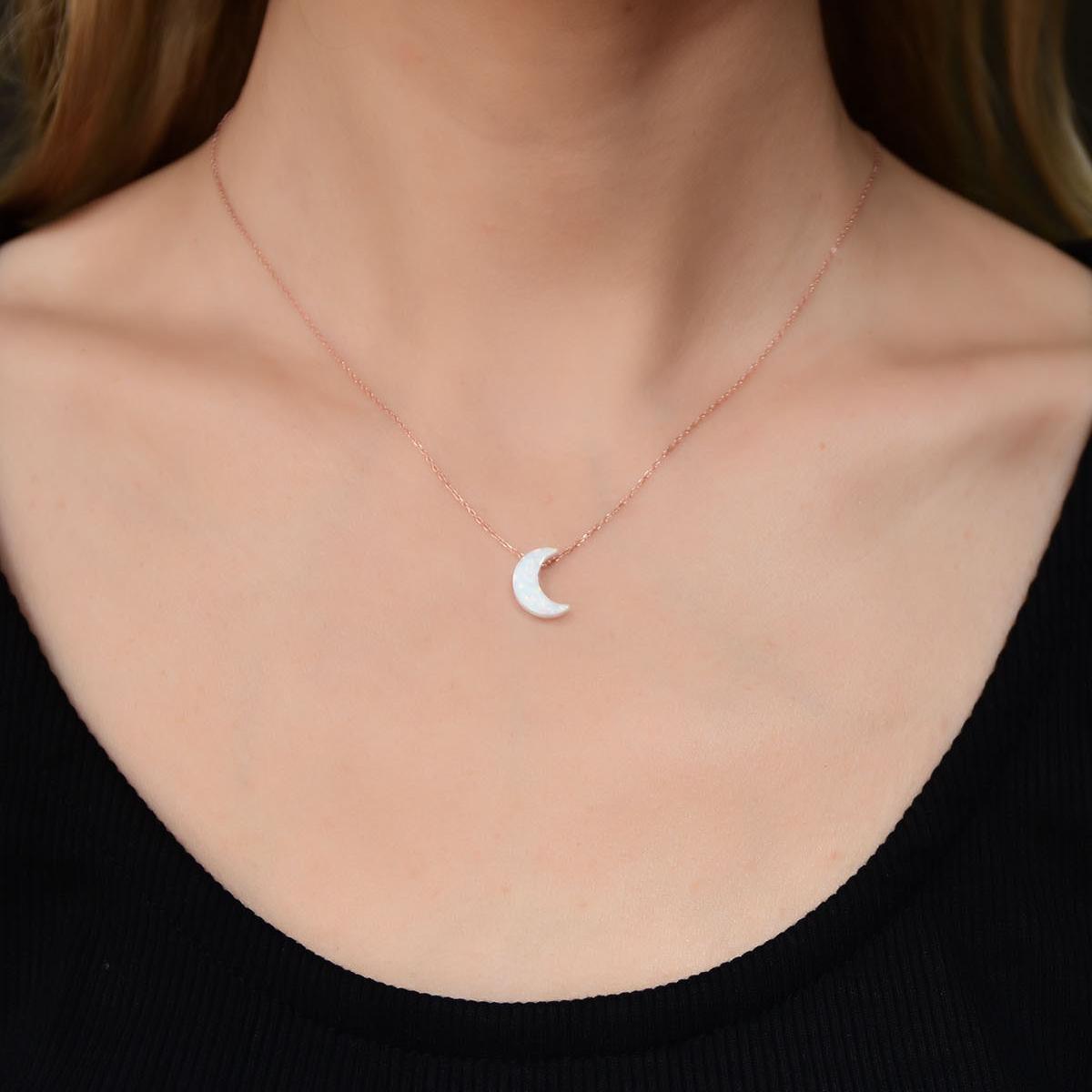 Moon Crescent Silver Necklace • Fire Opal Jewelry • White Fire Opal - Trending Silver Gifts
