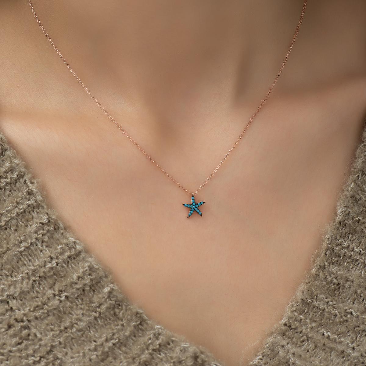 Tiny Turquoise Starfish Necklace • Tiny Starfish Turquoise Pendant - Trending Silver Gifts