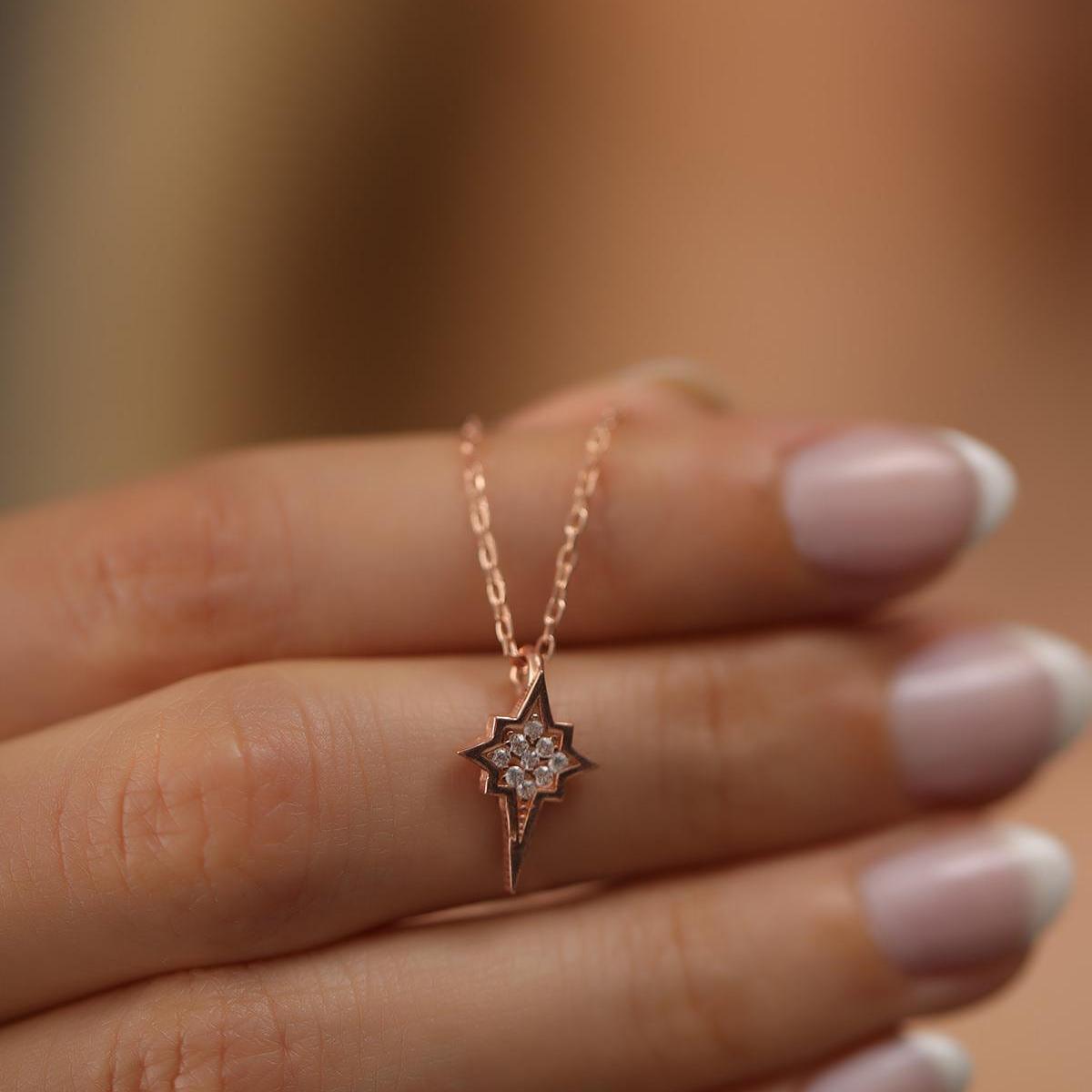 Rose North Star Necklace • Diamond Star Necklace • Star Sign Necklace - Trending Silver Gifts