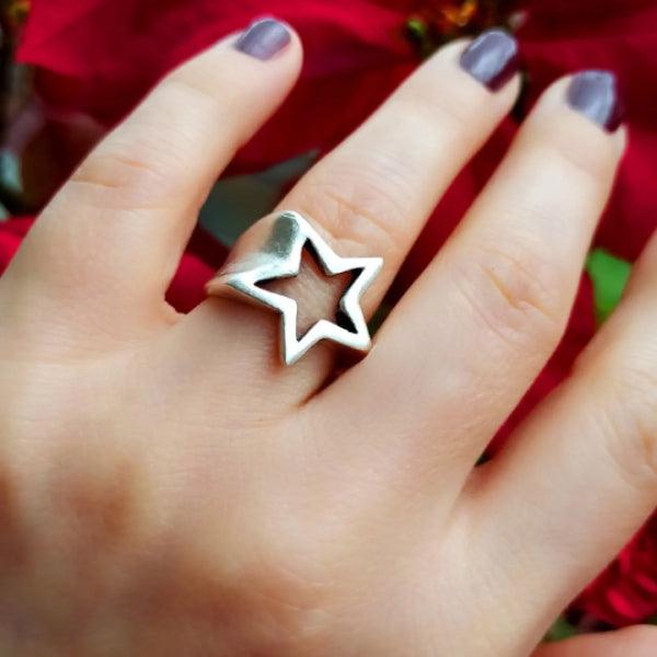 Falling Star Ring • Make A Wish Ring • Stamped Star Ring • Star Ring - Trending Silver Gifts