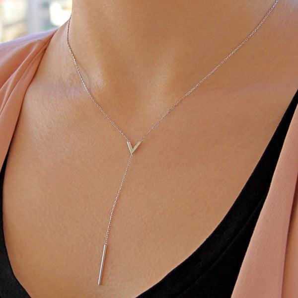 Dangle Initial V Silver Necklace • Long Dangle V Necklace - Trending Silver Gifts