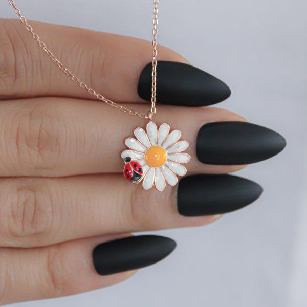 Silver Daisy Necklace • Ladybug Necklace Silver • Daisy & Ladybug Gift - Trending Silver Gifts