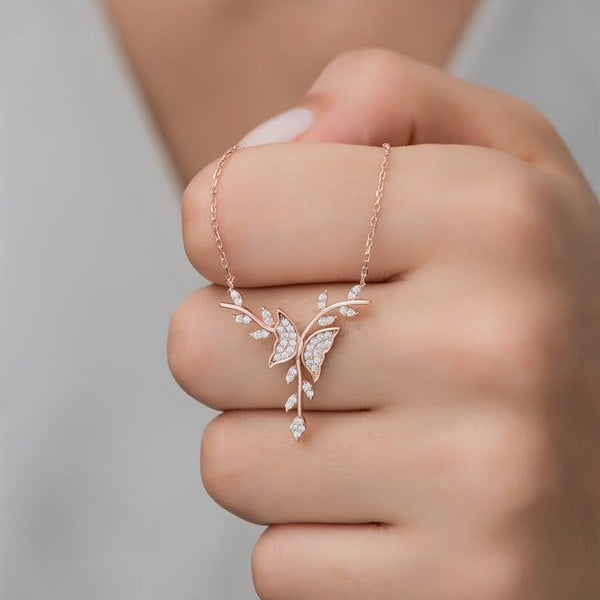 925 Silver Rose Butterfly Branch Necklace