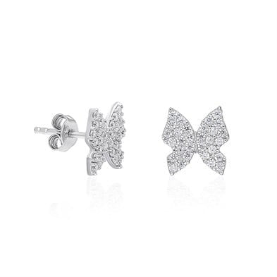 Butterfly-shaped earrings with sparkling details on a white background