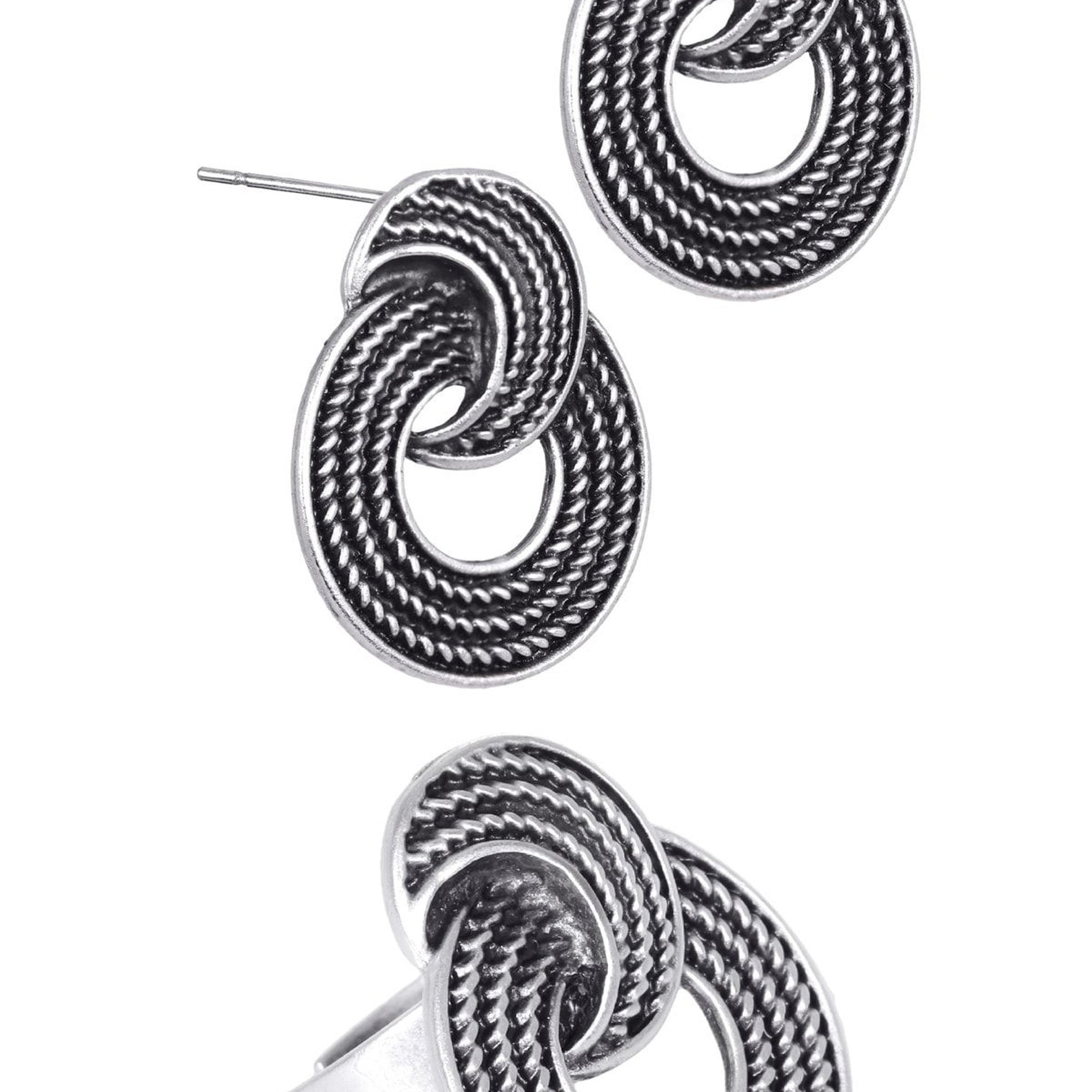 Adjustable Antique Silver-Plated Ring & Stud Earrings Set - Elegant Gift for Women