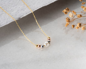 Close-up of pearl necklace resting on modelÕs neck