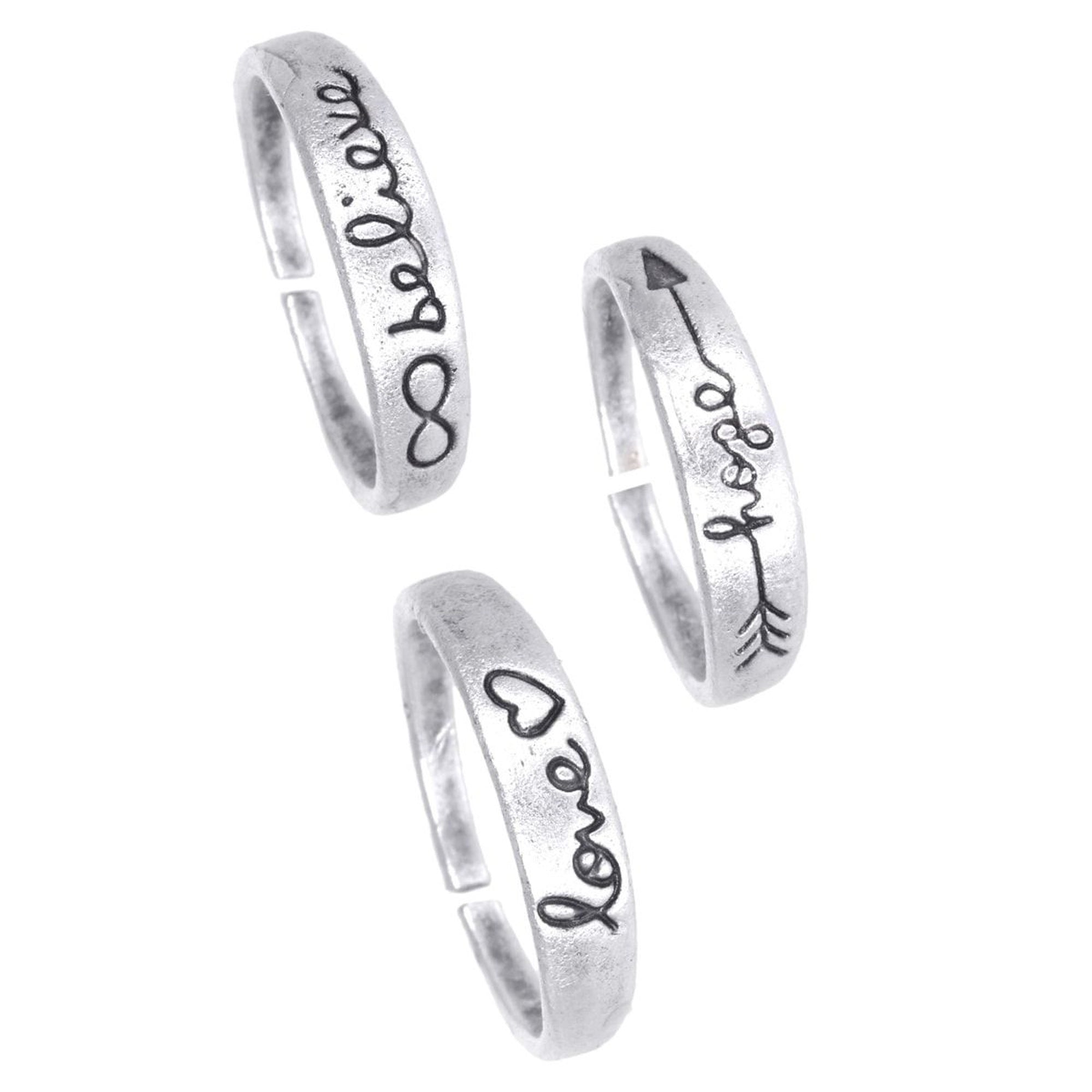 Elegant Antique Silver Plated Adjustable Love, Believe & Hope Ring Set for Women