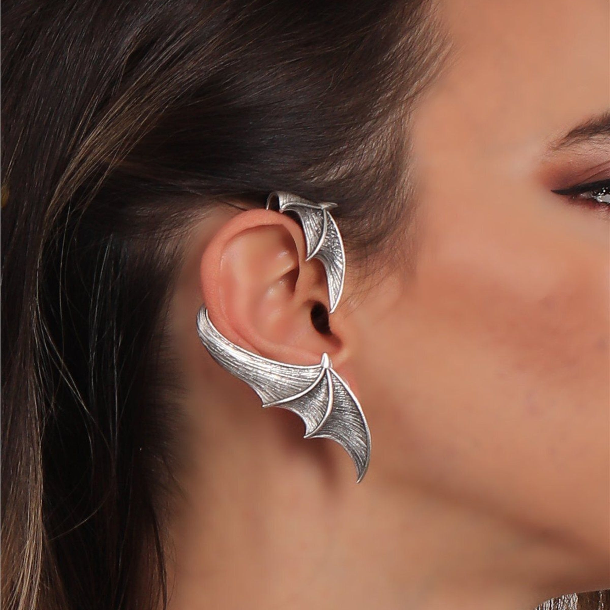 Antique Silver-Plated Bat Ear Cuff for Right Ear - Elegant Gothic Jewelry