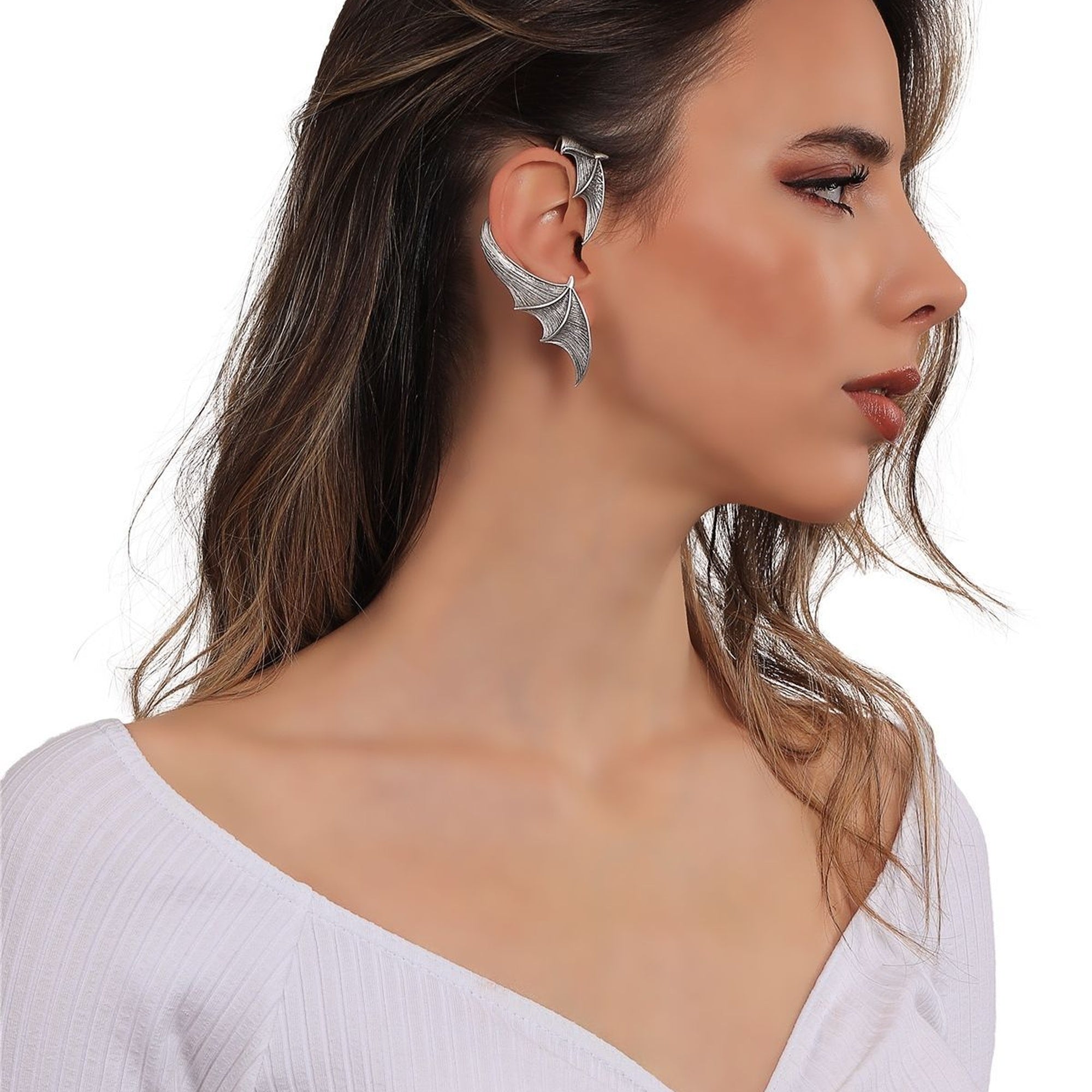 Antique Silver-Plated Bat Ear Cuff for Right Ear - Elegant Gothic Jewelry