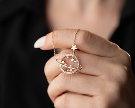 Close-up of the celestial Saturn pendant with intricate ring details, inspired by cosmic aesthetics and planetary symbolism.