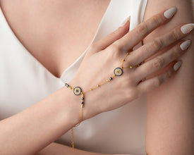 Interfaith flatlay: bracelet with cross, star & crescent symbols