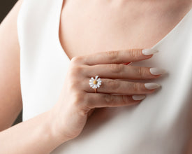 Luxury gift presentation: floral ring in petal-printed velvet box