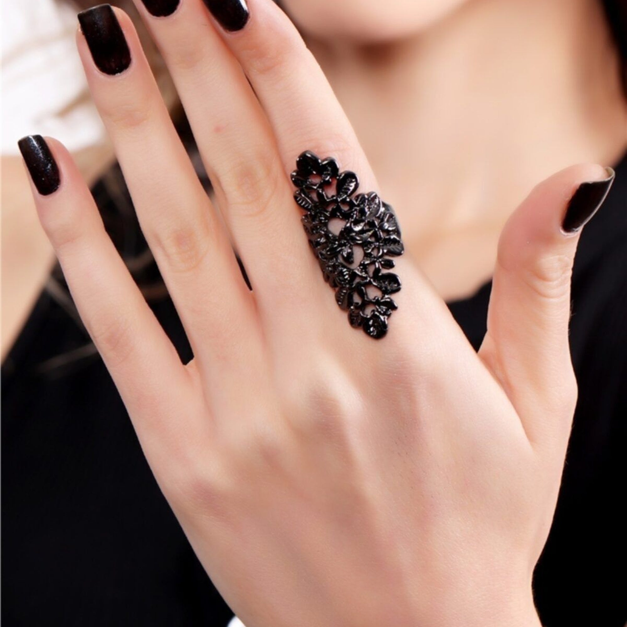 Elegant Adjustable Anthracite Black Coated Floral Style Ring for Women