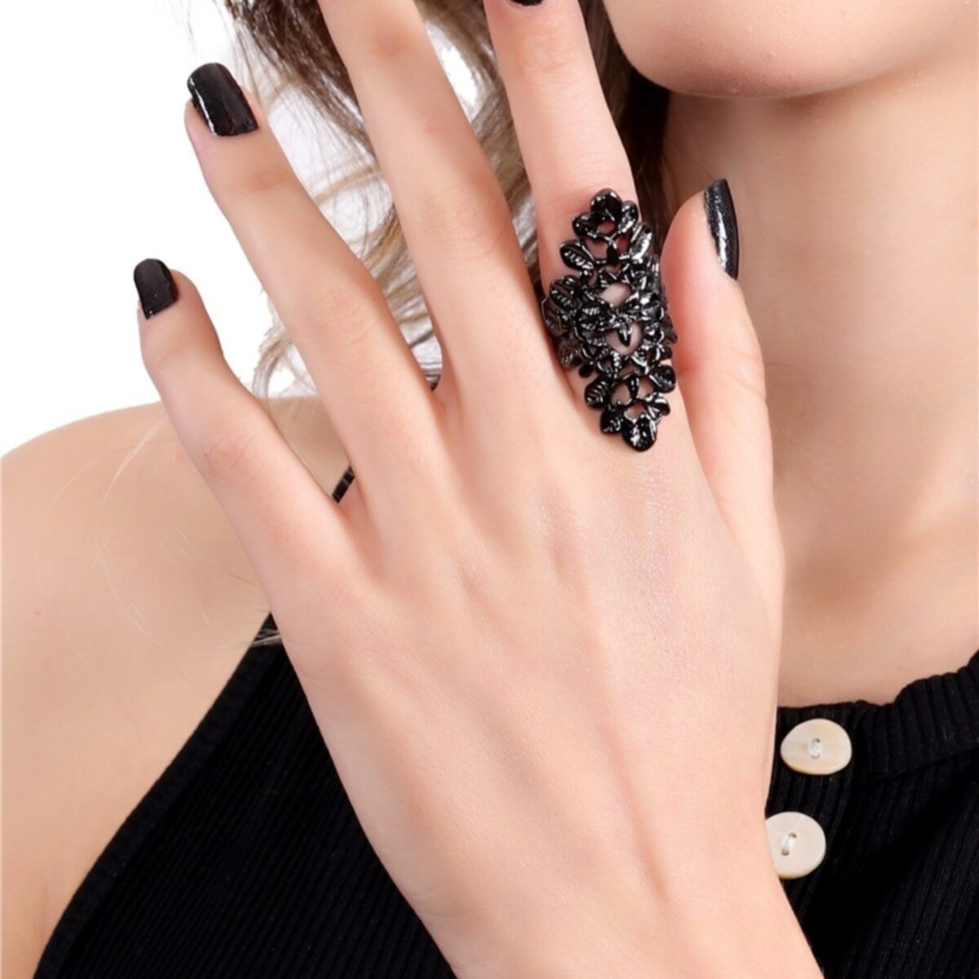 Elegant Adjustable Anthracite Black Coated Floral Style Ring for Women