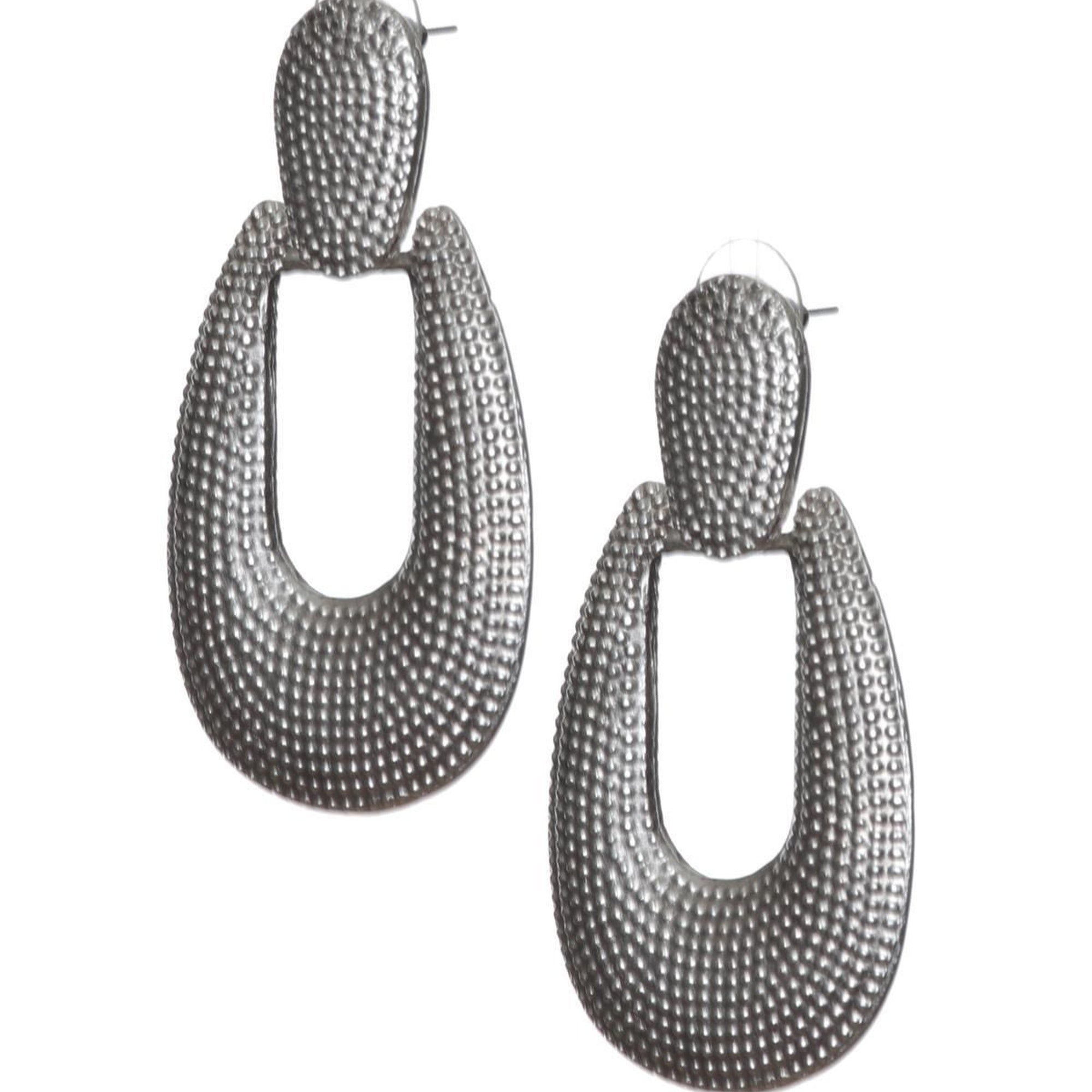 Elegant Antique Silver-Plated Studded Drop Earrings with Unique Print Design