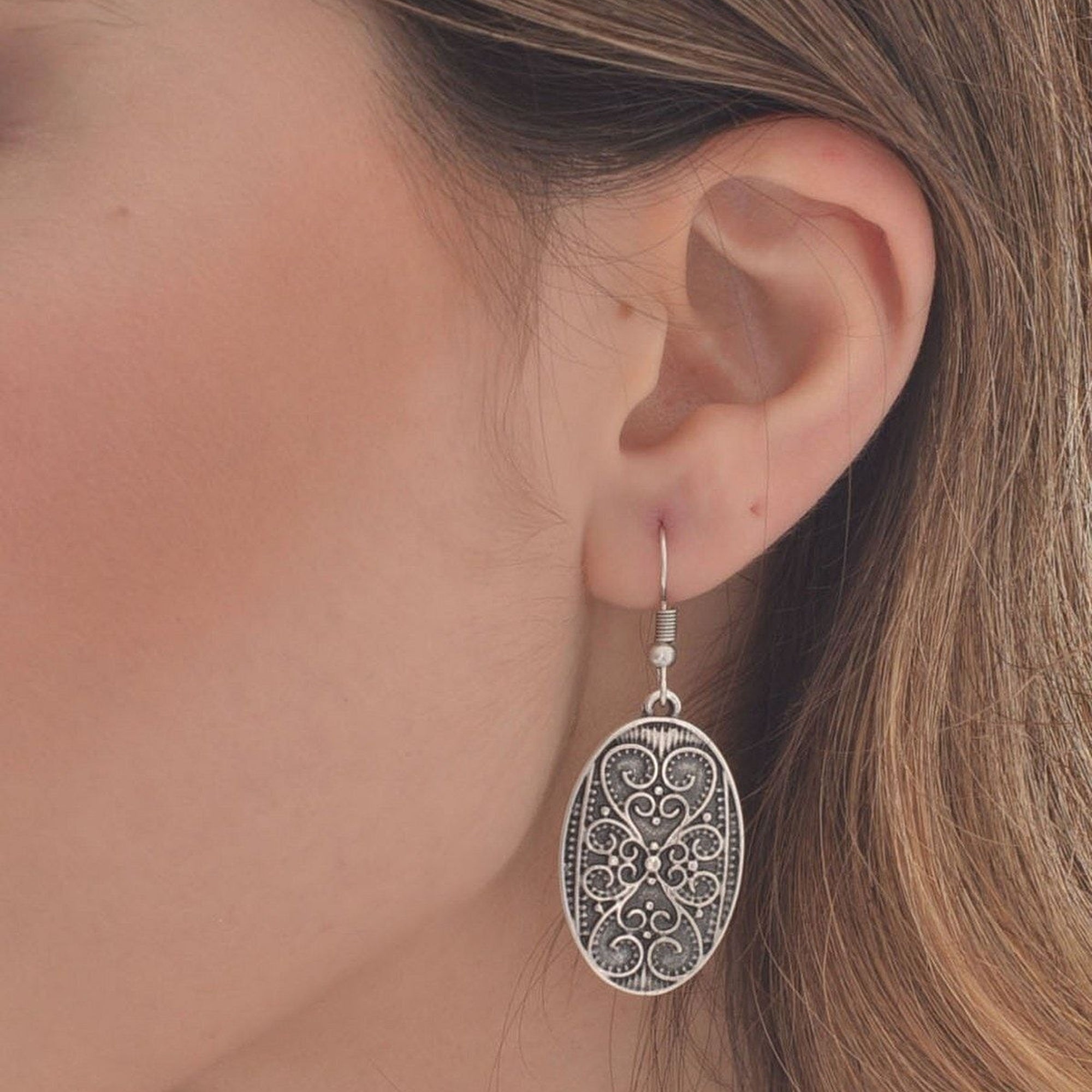 Elegant Ethnic-Inspired Oval Earrings with Antique Silver Plating