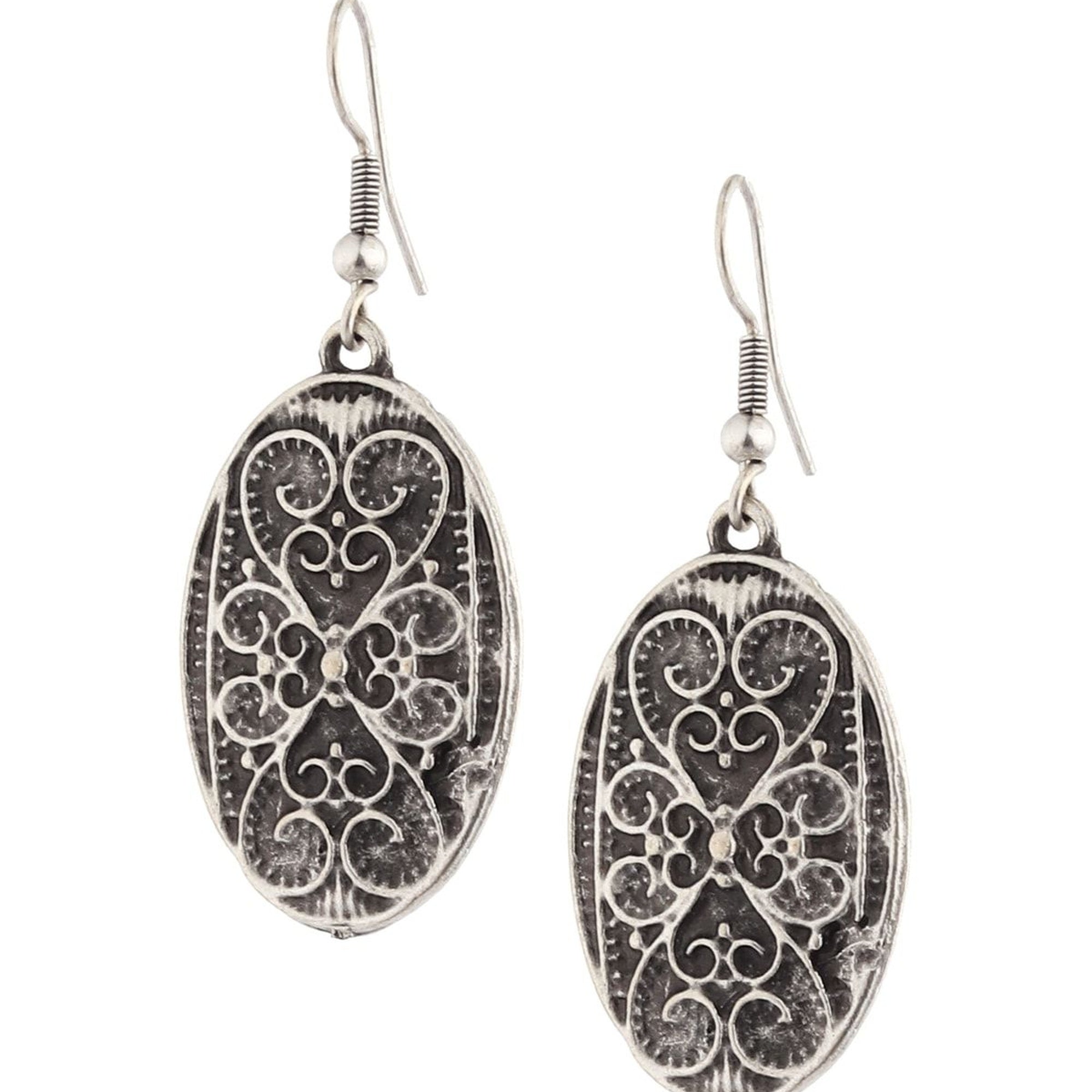 Elegant Ethnic-Inspired Oval Earrings with Antique Silver Plating
