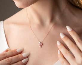 Minimalist cat whisker necklace with pink heart charm