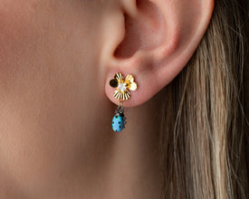 Size comparison of Blue Ladybug Earrings on hand