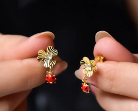 Gold flower and bug dangle earrings, a delicate and meaningful gift for her.
