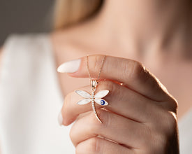Sterling silver dragonfly necklace with Evil Eye charm Ð front view