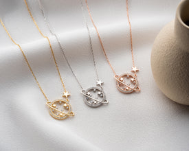 A handcrafted sterling silver necklace featuring a celestial Saturn planet pendant, symbolizing wisdom and transformation.