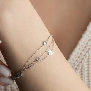 Close-up of a person's wrist wearing a delicate silver bracelet with floral design.