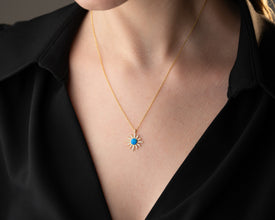 Astrology jewelry flat-lay featuring the celestial necklace with zodiac rings and constellation pendants.