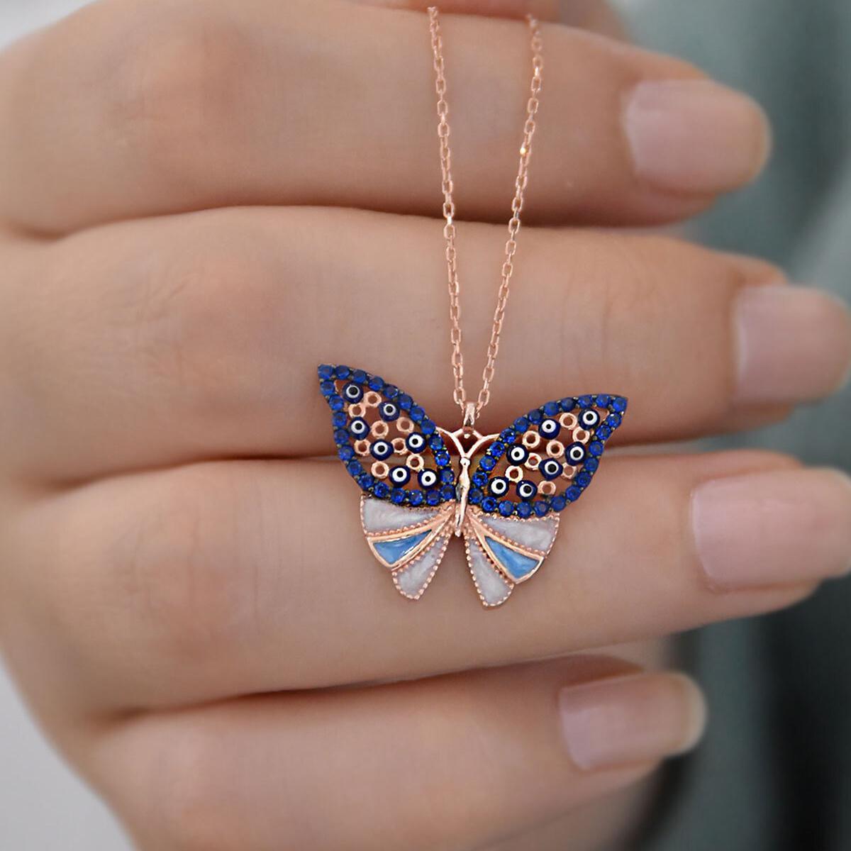Blue Butterfly Necklace Rose • Evil Eye Necklace Gold • Gift For Her - Trending Silver Gifts