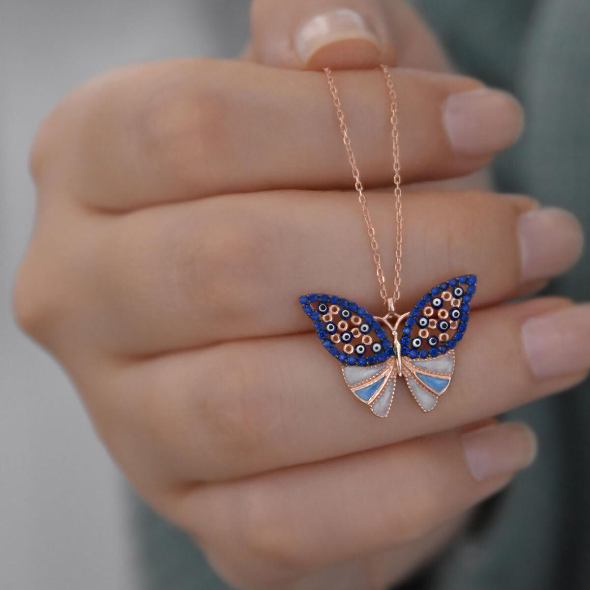 Blue Butterfly Necklace Rose • Evil Eye Necklace Gold • Gift For Her - Trending Silver Gifts