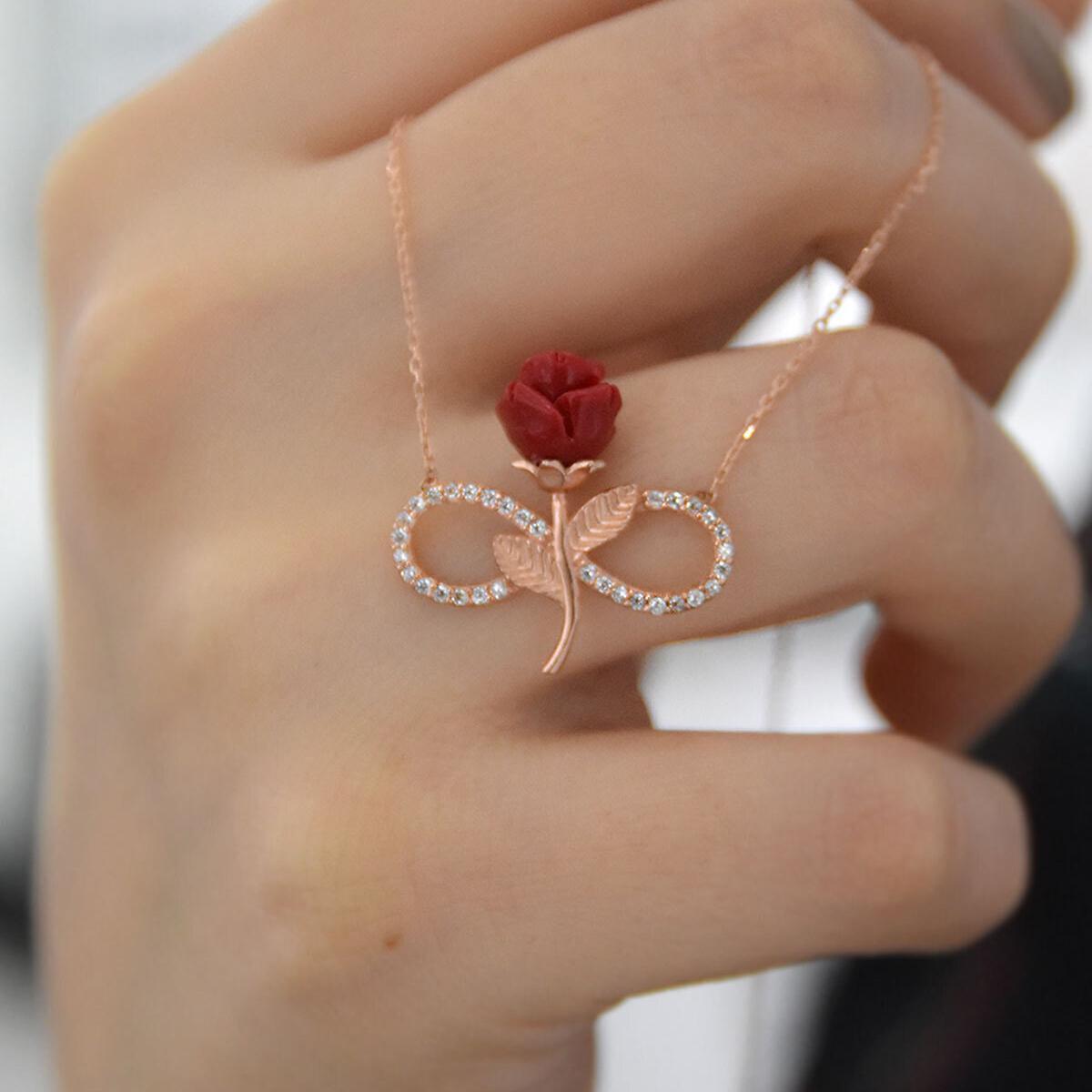 Mother of Perl Infinity Symbol with Reverse Red Rose Necklace - Trending Silver Gifts