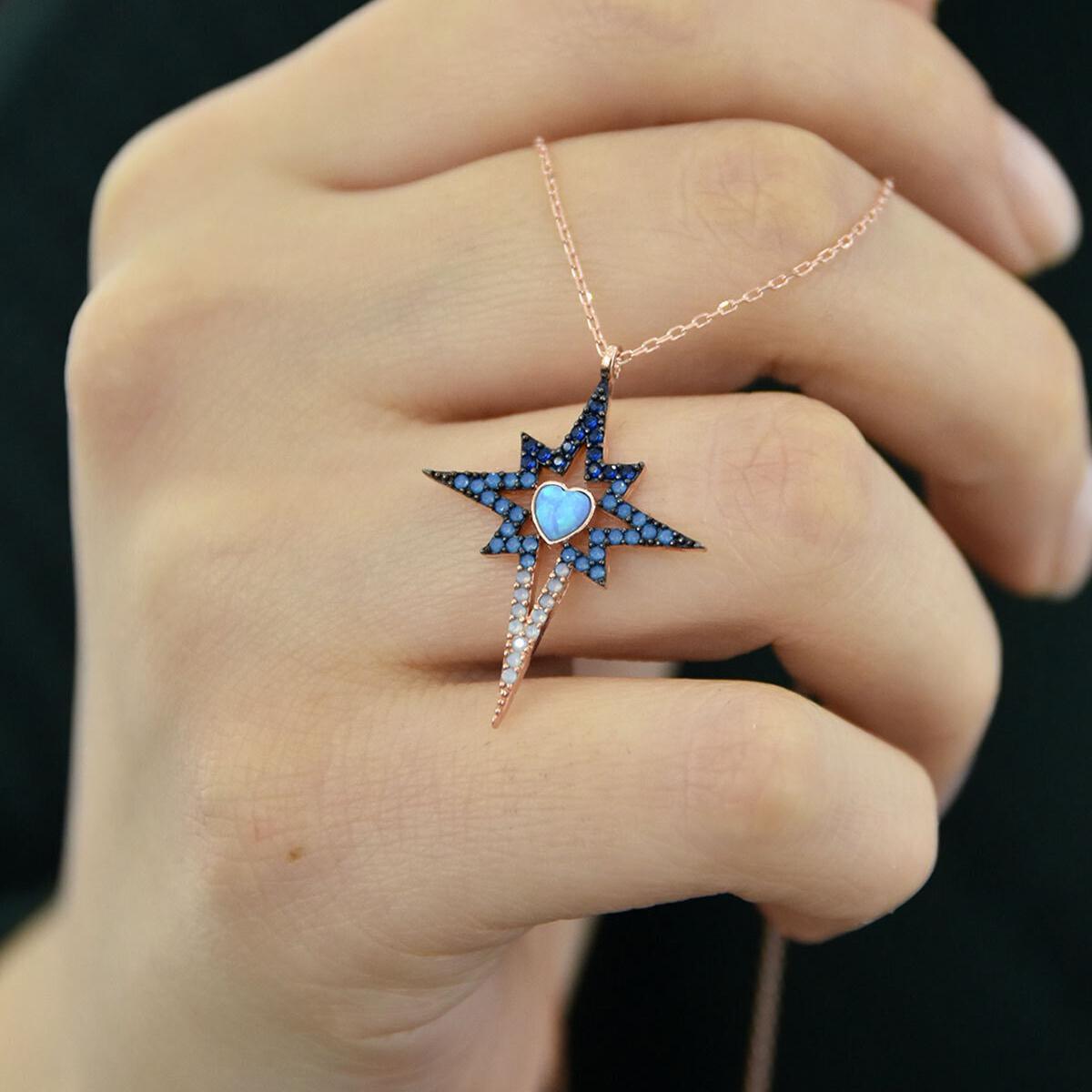 North Star Necklace • Blue Zircon Necklace • Fire Opal Necklace - Trending Silver Gifts