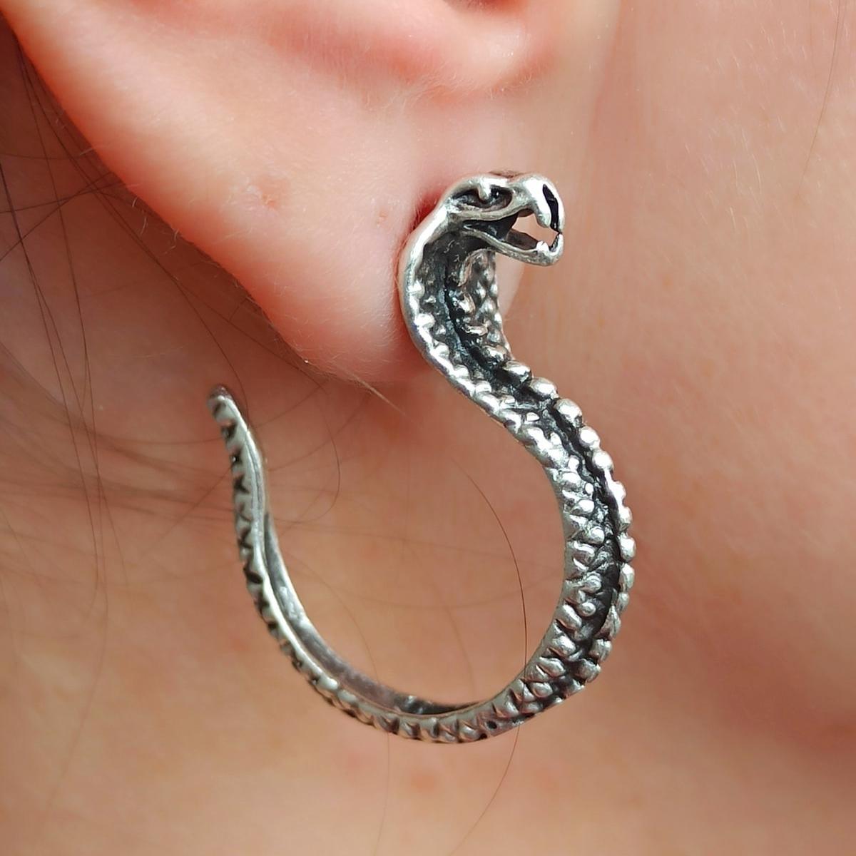 Silver Cobra Earrings • Snake Stud Earrings • Snake Earrings Studs - Trending Silver Gifts