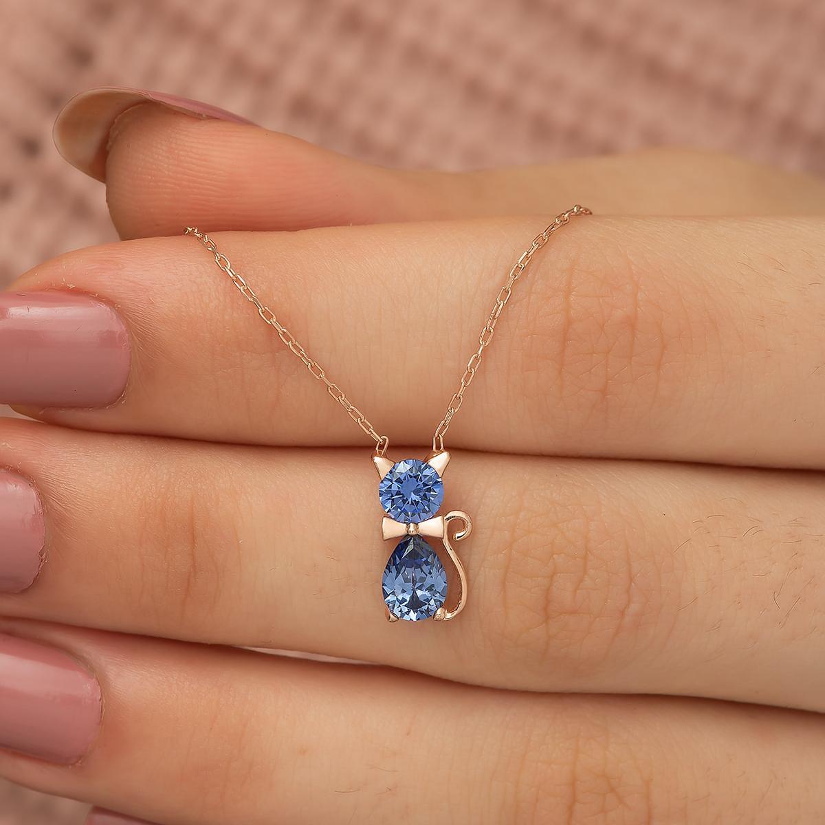 Blue Diamond Cat Pendant Silver • Cat Mom Gifts • Cat Pendant Necklace - Trending Silver Gifts