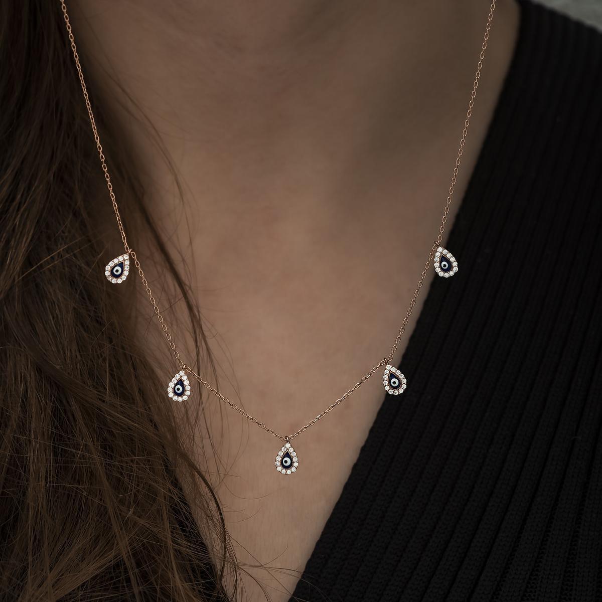 Drop Evil Eye Satellite Chain Necklace • Rose Gold Satellite Necklace - Trending Silver Gifts