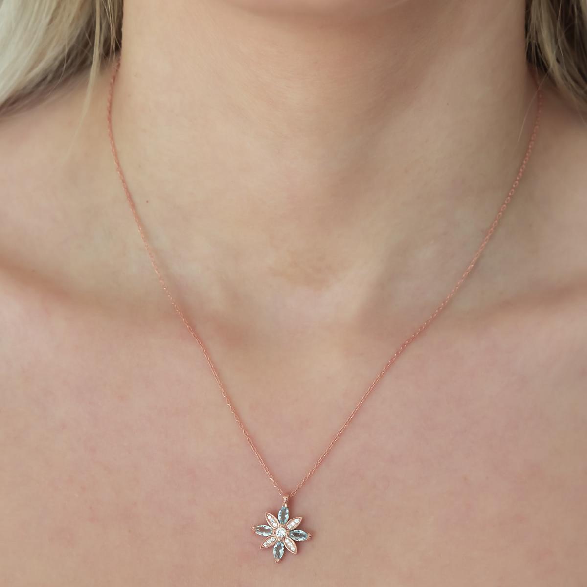 Aquamarine And Diamond Flower Necklace • Lotus Diamond Necklace - Trending Silver Gifts