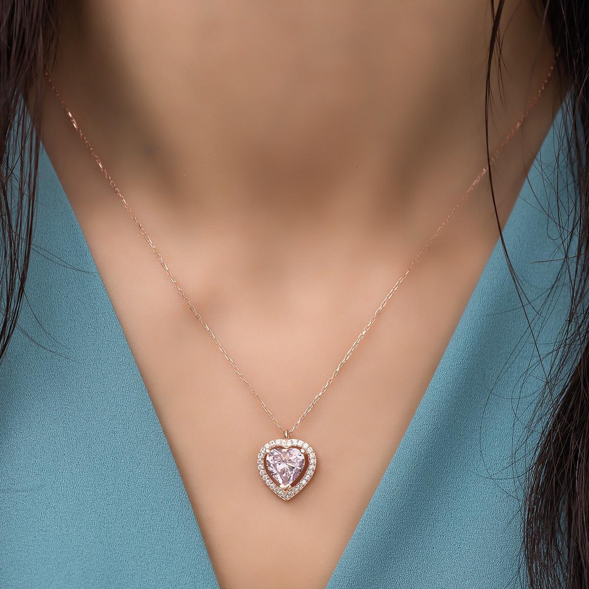 Tourmaline Birthstone Heart Necklace • Pink Stone Heart Necklace - Trending Silver Gifts