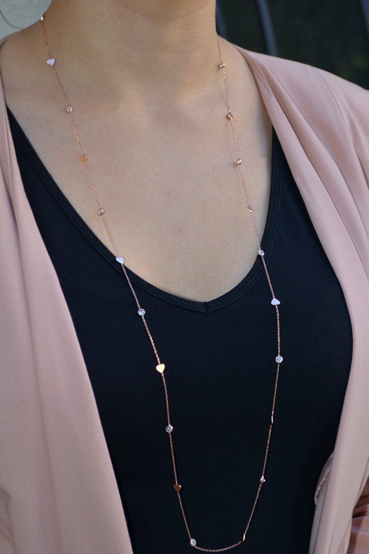 Rose Gold Layered Heart Necklace • Long Gold Chain Solitaire Necklace - Trending Silver Gifts