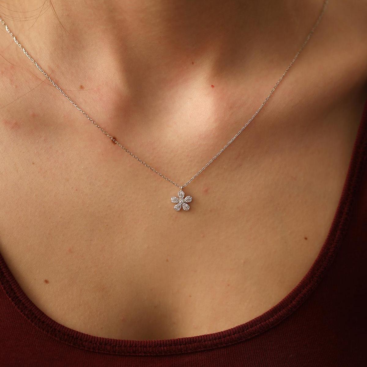 Clover Diamond Necklace • Diamond Flower Necklace • April Birthstone - Trending Silver Gifts