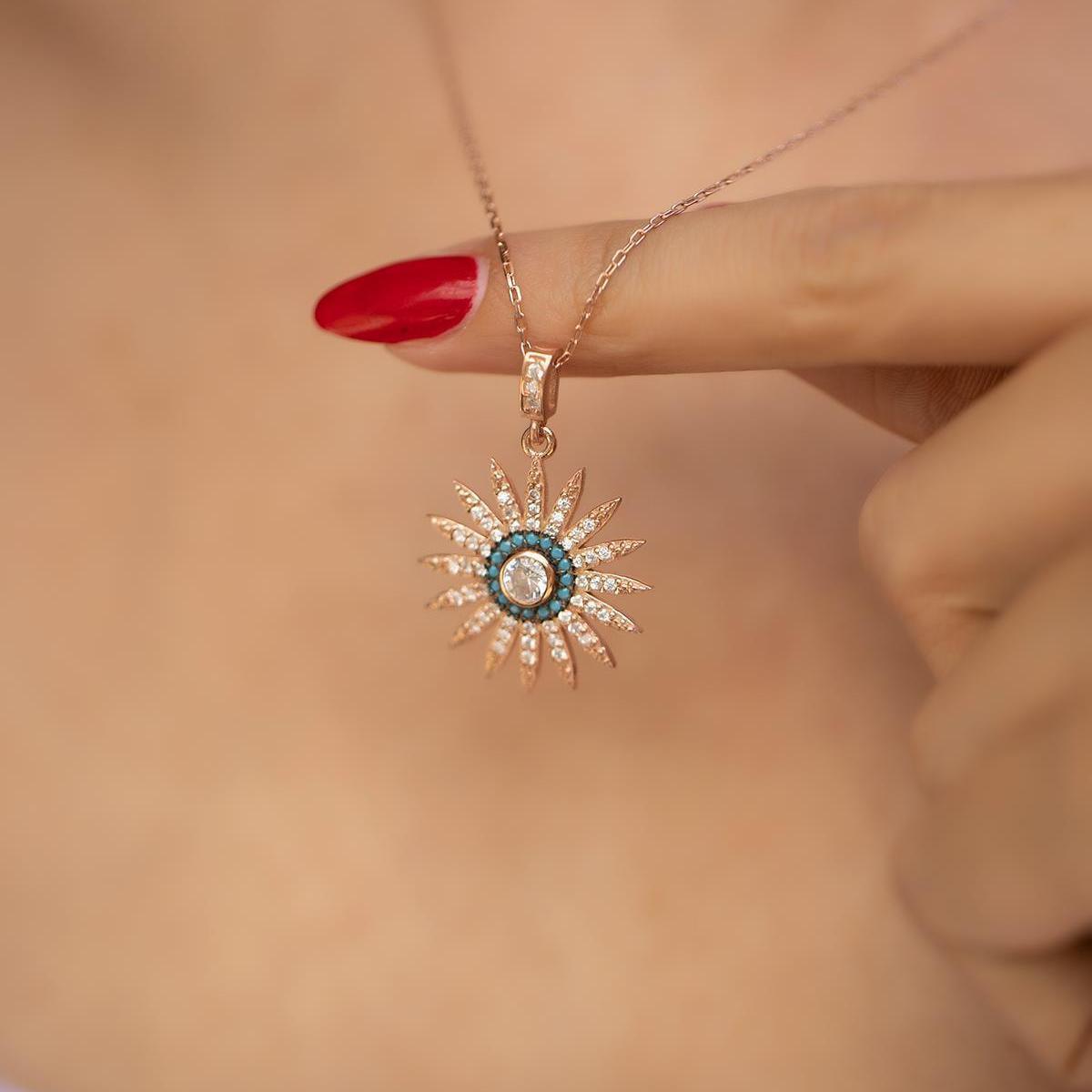 Cambodian Blue Zircon Sun Necklace • Sunburst Diamond Necklace - Trending Silver Gifts