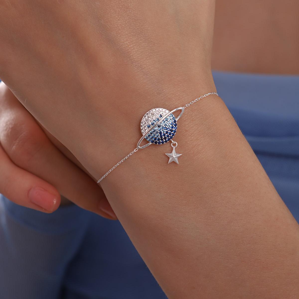 Blue Planet Silver Bracelet • Saturn Silver Bracelet • Gift for Mom - Trending Silver Gifts
