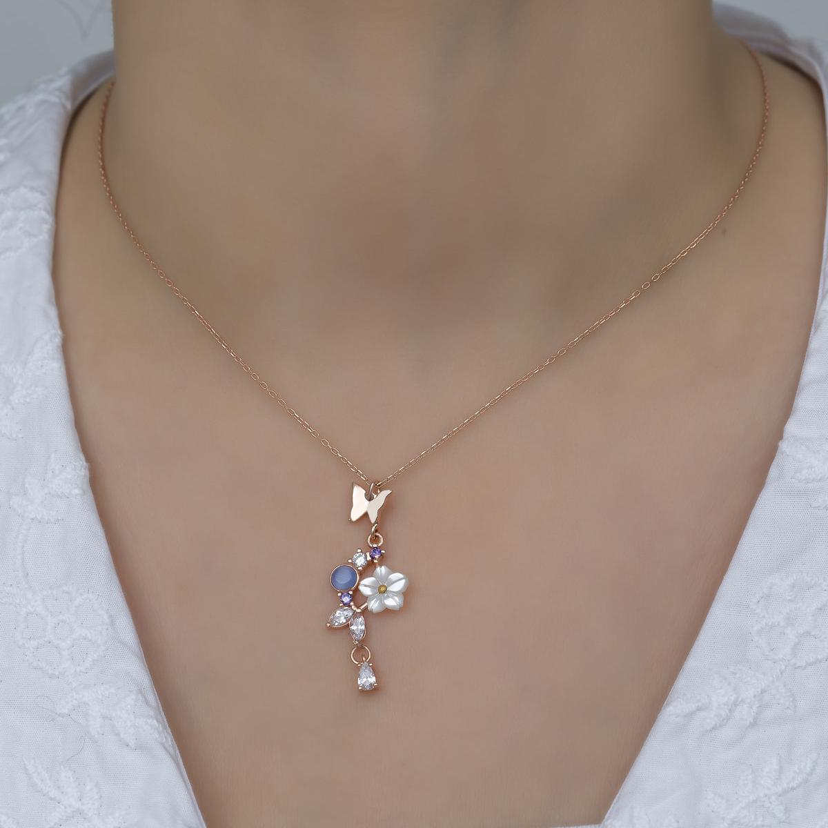 Magnolia Flower With Butterfly Necklace • Butterfly Pendant Necklace - Trending Silver Gifts