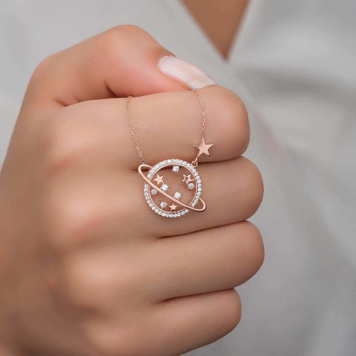 Cz Planet Saturn Necklace • Saturn Planet Necklace • 925 Cz Necklace - Trending Silver Gifts