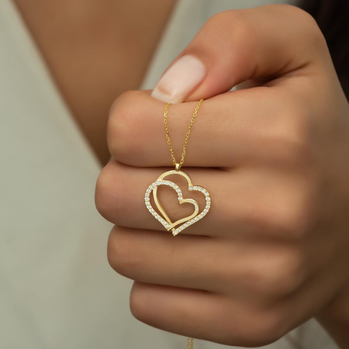 Double Heart Necklace Diamond ¥ Diamond Heart Necklace ¥ Gift For Her - Trending Silver Gifts