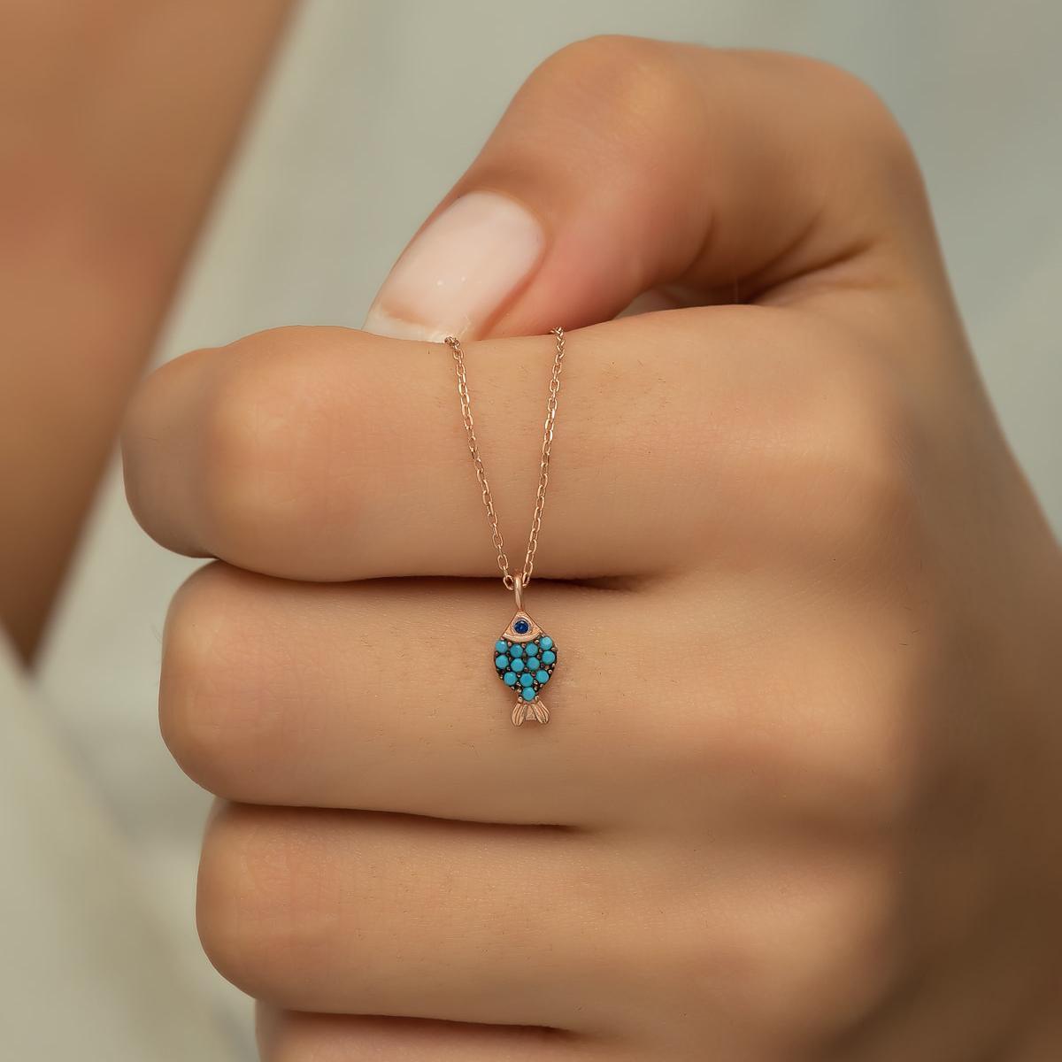 Tiny Turquoise Fish Necklace ¥ Minimalist Turquoise Necklace Silver - Trending Silver Gifts