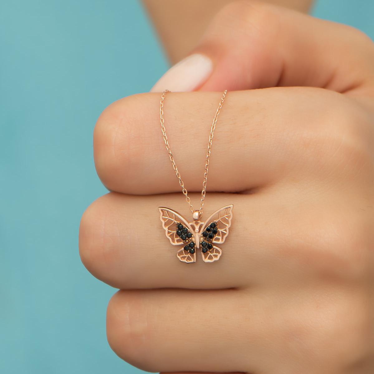 Black Zirconia Butterfly Necklace • Black Butterfly Pendant Necklace - Trending Silver Gifts