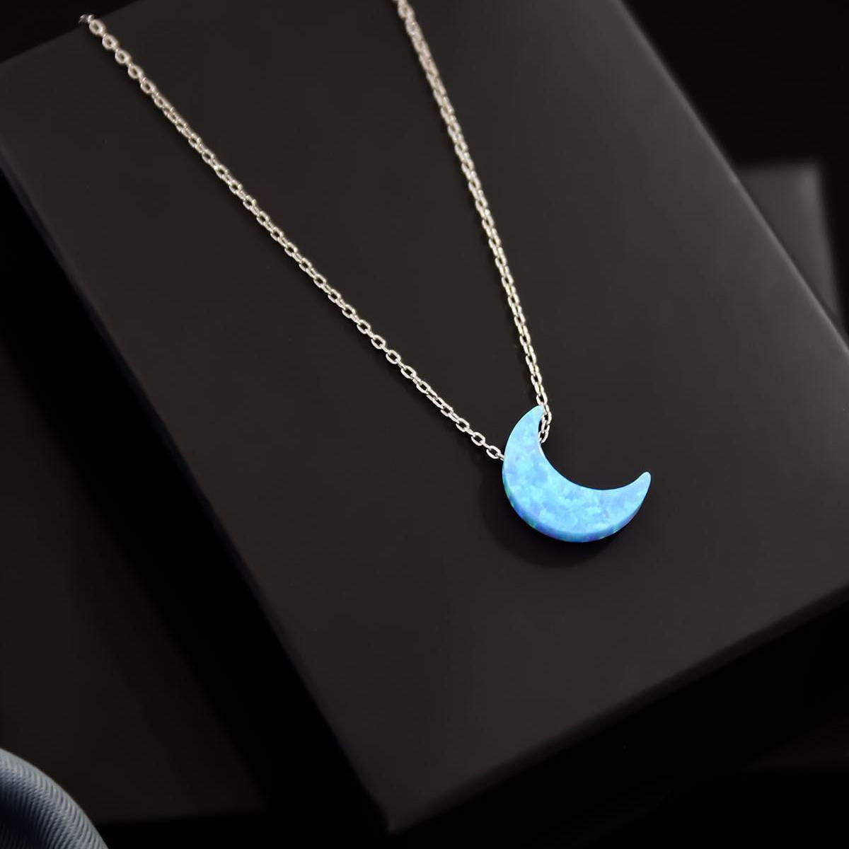 Moon Crescent Necklace • Blue Fire Opal Jewelry • White Fire Opal - Trending Silver Gifts