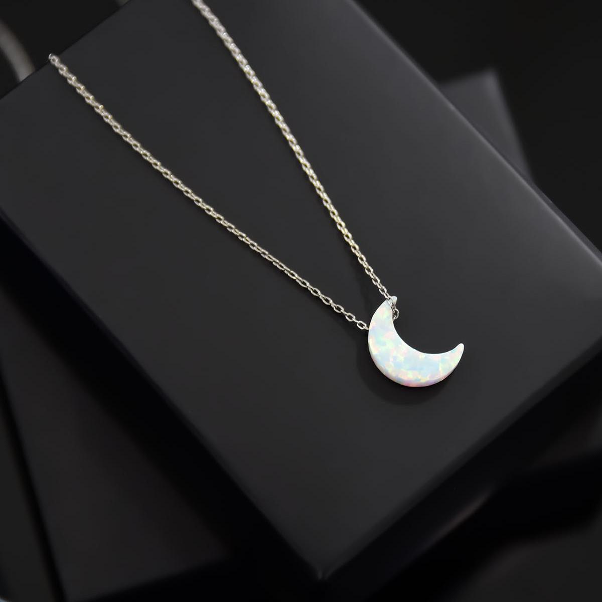 Moon Crescent Silver Necklace • Fire Opal Jewelry • White Fire Opal - Trending Silver Gifts